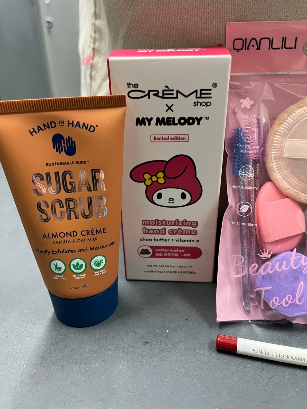 NIB the Crème Shop Water,Hand In Hand Almond Crème Sugar Scrub - 6 items + bag